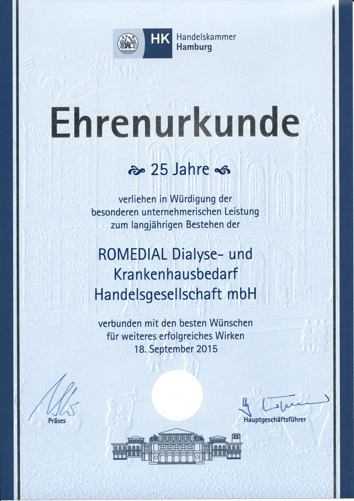 Ehrenurkunde der Handelskammer Hamburg - 25 Jahre Romedial
